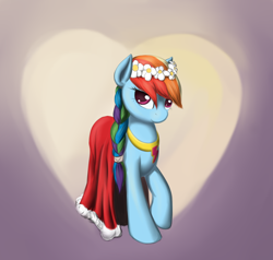 Size: 1000x950 | Tagged: safe, artist:sokolas, character:rainbow dash, species:pegasus, species:pony, clothing, dress, female, floral head wreath, flower, heart, looking at you, rainbow dash always dresses in style, solo