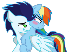 Size: 696x502 | Tagged: safe, artist:sapphireartemis, character:rainbow dash, character:soarin', species:pony, ship:soarindash, female, hug, male, shipping, simple background, straight, transparent background, tsunderainbow, tsundere, winghug