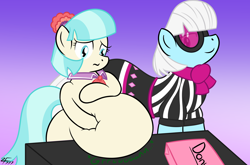 Size: 2840x1877 | Tagged: safe, artist:zeldafan777, character:coco pommel, character:photo finish, species:earth pony, species:pony, fanfic:a little cream for a lotta coco, belly, big belly, coco pudge, fanfic, fanfic art, fanfic cover, fat, gut rest, stomach noise