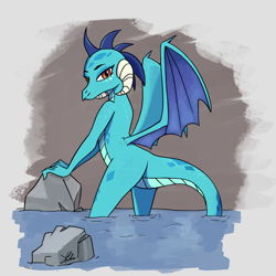 Size: 900x900 | Tagged: safe, artist:xenstroke, character:princess ember, species:dragon, female, looking at you, looking back, rock, sexy, solo, water
