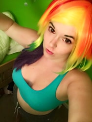 Size: 720x960 | Tagged: safe, artist:mintyblitzz, character:rainbow dash, species:human, breasts, cleavage, clothing, cosplay, costume, female, irl, irl human, looking at you, midriff, photo, selfie, solo, sports bra, wip