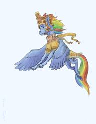 Size: 616x800 | Tagged: safe, artist:adeptus-monitus, character:rainbow dash, clothing, female, flying, lamassu, solo