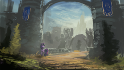Size: 1920x1080 | Tagged: dead source, safe, artist:shamanguli, character:twilight sparkle, character:twilight sparkle (unicorn), species:pony, species:unicorn, newbie artist training grounds, castle, crossover, female, gate, scenery, solo, statue, wallpaper, warcraft, wip, world of warcraft