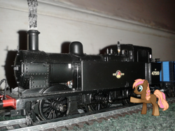 Size: 2560x1920 | Tagged: safe, artist:westrail642fan, oc, oc only, oc:dusty, british rail, british railways, edited photo, fowler, fowler 3f 47500, irl, jinty, model train, my little pony: origins, photo, pony creator, steam, steam engine, steam train