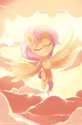 Size: 806x1225 | Tagged: safe, artist:si1vr, character:fluttershy, species:pegasus, species:pony, bright, cloud, cloudy, crepuscular rays, enjoying, eyes closed, female, flying, mare, sky, smiling, solo, spread wings, sunlight, wings