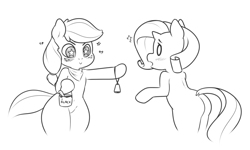 Size: 1000x598 | Tagged: safe, artist:zoarity, character:applejack, character:rarity, species:pony, ship:rarijack, bipedal, blushing, cowbell, cute, female, implied raricow, jackabetes, lesbian, mare, monochrome, paint, raribetes, shipping, wingding eyes