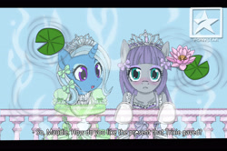 Size: 2800x1856 | Tagged: safe, artist:avchonline, character:maud pie, character:trixie, species:earth pony, species:pony, species:unicorn, ship:mauxie, blushing, bow, canterlot royal ballet academy, clothing, cute, dress, engrish, female, hair bow, jewelry, lesbian, lily pad, looking at you, mare, reflection, shipping, tiara