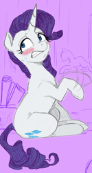 Size: 662x1232 | Tagged: safe, artist:glacierclear edits, artist:titanium dragon, edit, character:rarity, fanfic:i can explain, blushing, carousel boutique, colored, embarrassed, fanfic art, fanfic cover, waving