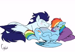 Size: 9600x6700 | Tagged: safe, artist:colourstrike, character:rainbow dash, character:soarin', species:pegasus, species:pony, ship:soarindash, absurd resolution, belly pillow, colored wings, colored wingtips, male, pillow, preggo dash, pregnant, scrunchy face, shipping, snuggling, story in the source, straight, tsunderainbow, tsundere