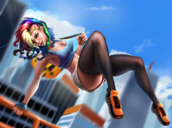Size: 5887x4389 | Tagged: safe, artist:sunset tide, character:rainbow dash, species:human, absurd resolution, armpits, backpack, breasts, busty rainbow dash, cleavage, clothing, female, gloves, humanized, midriff, mirror's edge, outdoors, pants, parkour, pixiv, shoes, shorts, sneakers, socks, solo, tank top, thigh highs