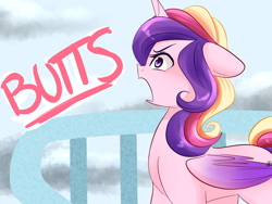 Size: 960x720 | Tagged: safe, artist:sugarberry, character:princess cadance, species:alicorn, species:pony, ask-cadance, balcony, butts, female, floppy ears, frown, glare, mare, open mouth, solo, yelling