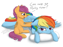 Size: 1024x768 | Tagged: safe, artist:novaintellus, character:rainbow dash, character:scootaloo, species:pegasus, species:pony, dialogue, duo, female, filly, kneading, mare, massage, pillow, prone, tired