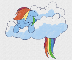 Size: 1280x1059 | Tagged: safe, artist:somepony, artist:someponys-scribbles, character:rainbow dash, species:pony, newbie artist training grounds, cloud, female, sleeping, solo, traditional art