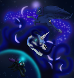 Size: 1892x1998 | Tagged: safe, artist:aisu-isme, character:nightmare moon, character:princess luna, oc, oc:nyx, species:alicorn, species:pony, female, fight, filly, flying, mare, skull
