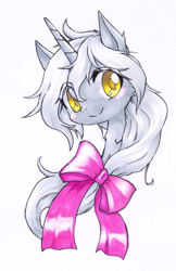 Size: 1144x1769 | Tagged: safe, artist:hashioaryut, oc, oc only, species:pony, species:unicorn, bust, hair bow, portrait, simple background, solo, traditional art, white background