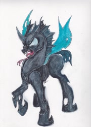 Size: 1667x2317 | Tagged: safe, artist:scribblepwn3, character:thorax, species:changeling, episode:the times they are a changeling, g4, my little pony: friendship is magic, angry, hissing, male, pen drawing, solo, traditional art, watercolor painting