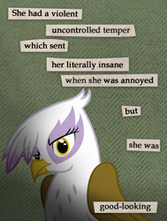 Size: 985x1302 | Tagged: safe, artist:icaron, character:gilda, species:griffon, caption, guide to troubled birds, parody, show accurate