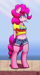 Size: 1200x2200 | Tagged: safe, artist:mopyr, character:pinkie pie, species:anthro, species:unguligrade anthro, belly button, candy, clothing, daisy dukes, female, food, lollipop, midriff, short shirt, shorts, solo, t-shirt