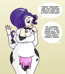 Size: 500x568 | Tagged: safe, artist:irateliterate, character:rarity, species:cow, species:human, chubby, clothing, costume, cow suit, cowbell, cowprint, female, hips, humanized, nail polish, plump, raricow, rarihips, solo, species swap, udder, wide hips