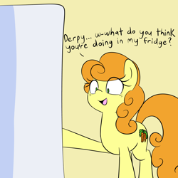 Size: 1280x1280 | Tagged: safe, artist:acersiii, character:carrot top, character:golden harvest, species:earth pony, species:pony, female, i emptied your fridge, implied derpy, refrigerator, solo