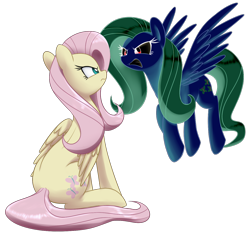 Size: 1280x1192 | Tagged: safe, artist:acersiii, character:fluttershy, confrontation, discorded, duality, duo, eye contact, flutterbitch, folded wings, looking at each other, opposite fluttershy, simple background, transparent background