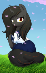 Size: 1229x1920 | Tagged: safe, artist:acersiii, oc, oc only, oc:luminous siren, species:pony, species:unicorn, cherry blossoms, clothing, female, mare, open mouth, school uniform, solo