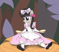 Size: 2500x2207 | Tagged: safe, artist:avchonline, character:octavia melody, species:anthro, alice in wonderland, clothing, dress, eyeshadow, female, frilly dress, gloves, hair bow, lace, makeup, mary janes, micro, mushroom, pantaloons, pantyhose, petticoat, pinafore, ribbon, ruffles, shoes, solo, tights