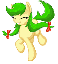 Size: 391x429 | Tagged: safe, artist:sokolas, character:apple fritter, species:earth pony, species:pony, apple family member, dancing, eyes closed, female, flockmod, fritterbetes, happy, mare, pigtails, simple background, smiling, solo, twintails