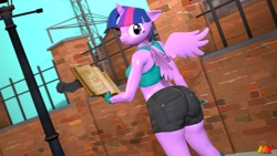 Size: 1280x720 | Tagged: safe, alternate version, artist:hyperwave9000, character:twilight sparkle, character:twilight sparkle (alicorn), species:alicorn, species:anthro, species:pony, 3d, ass, book, breasts, clothing, female, fingerless gloves, from behind, gloves, looking at you, looking back, no tail, scrunchy face, shorts, sideboob, solo, source filmmaker, tank top, twibutt