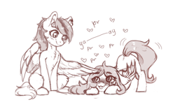 Size: 1280x782 | Tagged: safe, artist:dagmell, oc, oc only, species:bat pony, species:pegasus, species:pony, bat pony oc, behaving like a cat, cute, duo, heart, looking at each other, monochrome, petting, purring, simple background, sketch, white background