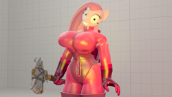 Size: 1920x1080 | Tagged: safe, artist:hyperwave9000, character:pinkamena diane pie, character:pinkie pie, species:anthro, 3d, axe, barbed wire, big breasts, breasts, busty pinkie pie, eye twitch, female, looking at you, pinkie pyro, slasher smile, solo, source filmmaker, team fortress 2, the fourth wall cannot save you, weapon
