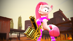 Size: 5120x2880 | Tagged: safe, artist:hyperwave9000, character:pinkamena diane pie, character:pinkie pie, 3d, clothing, female, looking at you, minigun, remake, slasher smile, socks, solo, source filmmaker, team fortress 2
