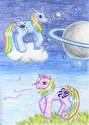 Size: 800x1124 | Tagged: safe, artist:normaleeinsane, character:moonstone, g1, cloud, moonstone, saturn, traditional art, windy (g1)