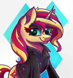 Size: 1920x2057 | Tagged: safe, artist:midnightsix3, character:sunset shimmer, species:pony, species:unicorn, clothing, female, leather jacket, solo, sunset shimmer day