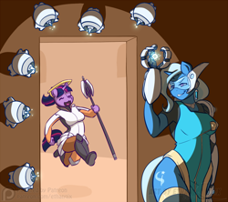Size: 950x842 | Tagged: safe, artist:ethanqix, edit, character:trixie, character:twilight sparkle, species:anthro, ambush, clothing, costume, crossover, duo, mercy, overwatch, symmetra, this will end in death, twilight vs trixie, video game, wingless, wingless anthro, wingless edit