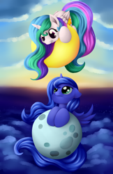 Size: 3300x5100 | Tagged: safe, artist:grennadder, character:princess celestia, character:princess luna, cewestia, cute, cutelestia, day, duality, eye contact, female, filly, filly celestia, filly luna, frown, leaning, looking at each other, looking down, looking up, lunabetes, moon, night, prone, sky, smiling, sun, tangible heavenly object, woona, younger