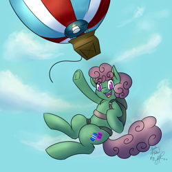 Size: 1600x1600 | Tagged: safe, artist:jorobro, oc, oc only, oc:windcatcher, falling, hot air balloon, parachute, sky, skydiving, solo