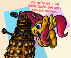 Size: 2778x2281 | Tagged: safe, artist:darkone10, character:fluttershy, crossover, dalek, doctor who, duo, flying, one eye closed, open mouth, smiling, spread wings, this will end in tears, wings