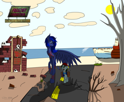 Size: 7300x6000 | Tagged: safe, artist:derpanater, oc, oc only, oc:prism paint, oc:star charter, species:alicorn, species:earth pony, species:pony, fallout equestria, absurd resolution, boat, brick, brick wall, cloud, commission, cover, dead bush, dead tree, digital art, fanfic art, ocean, road, rock, saddle bag, scarred, shading, shadows, sign, sun, tree