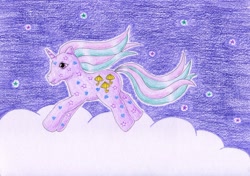 Size: 1024x721 | Tagged: safe, artist:normaleeinsane, character:dazzle glow, g1, cloud, female, solo, stars, traditional art