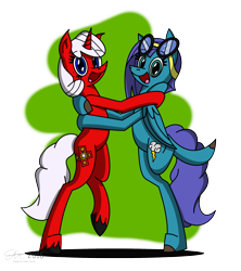 Size: 2200x2473 | Tagged: safe, artist:derpanater, oc, oc only, oc:bluesky, oc:ruby starlight, species:pegasus, species:pony, species:unicorn, fallout equestria, commission, cute, cutie mark, digital art, fallout equestria: wasteland jewel, goggles, happy, hug, looking at you, simple background, smiling, standing, standing on one leg