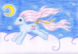 Size: 1024x717 | Tagged: safe, artist:normaleeinsane, g3, cloud, dream blue, female, moon, solo, stars, traditional art