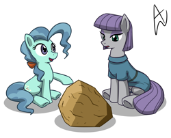 Size: 1200x971 | Tagged: safe, artist:acesrockz, character:maud pie, character:petunia paleo, species:earth pony, species:pony, g4, clothing, duo, female, filly, mare, open mouth, pointing, rock, simple background, sitting, white background