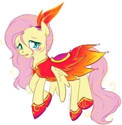 Size: 598x616 | Tagged: safe, artist:clovercoin, character:fluttershy, species:pegasus, species:pony, blushing, clothing, dress, feather, female, mare, phoenix dress, shoes, simple background, solo, white background