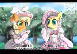 Size: 3700x2600 | Tagged: safe, artist:avchonline, character:applejack, character:fluttershy, species:pony, angry, bipedal, blushing, canterlot royal ballet academy, cellphone, clothing, dress, engrish, evening gloves, frilly dress, gloves, hair bow, hat, iphone, jewelry, phone, picnic, semi-anthro, smartphone, tiara, tomboy taming, tree