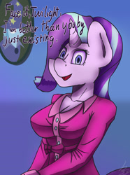 Size: 1600x2150 | Tagged: safe, artist:mopyr, character:starlight glimmer, character:trixie, species:anthro, episode:every little thing she does, g4, my little pony: friendship is magic, breasts, busty starlight glimmer, dialogue, female, looking at you, open mouth, smiling, smug, solo, starlight's room