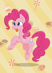 Size: 1024x1434 | Tagged: safe, artist:soulfulmirror, character:pinkie pie, species:pony, candy, cute, diapinkes, female, food, ice cream, lollipop, lyrics in the description, pronking, silly, silly pony, solo, song in the description, strawberry, tongue out, watermark