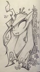 Size: 714x1280 | Tagged: safe, artist:kairaanix, character:queen chrysalis, species:changeling, female, monochrome, solo