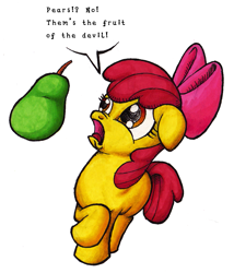 Size: 989x1158 | Tagged: safe, artist:darkone10, character:apple bloom, bow, dialogue, female, floppy ears, fruit of the devil, hilarious in hindsight, pear, runs in the family, scared, simple background, solo, speech bubble, that pony sure does hate pears, white background