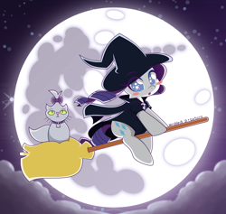 Size: 2864x2718 | Tagged: safe, artist:gaturo, artist:mrcbleck, character:opalescence, character:rarity, blush sticker, blushing, broom, clothing, cloud, collaboration, costume, cute, duo, flying, flying broomstick, full moon, halloween, mare in the moon, moon, night, night sky, open mouth, raribetes, remake, sky, stars, witch